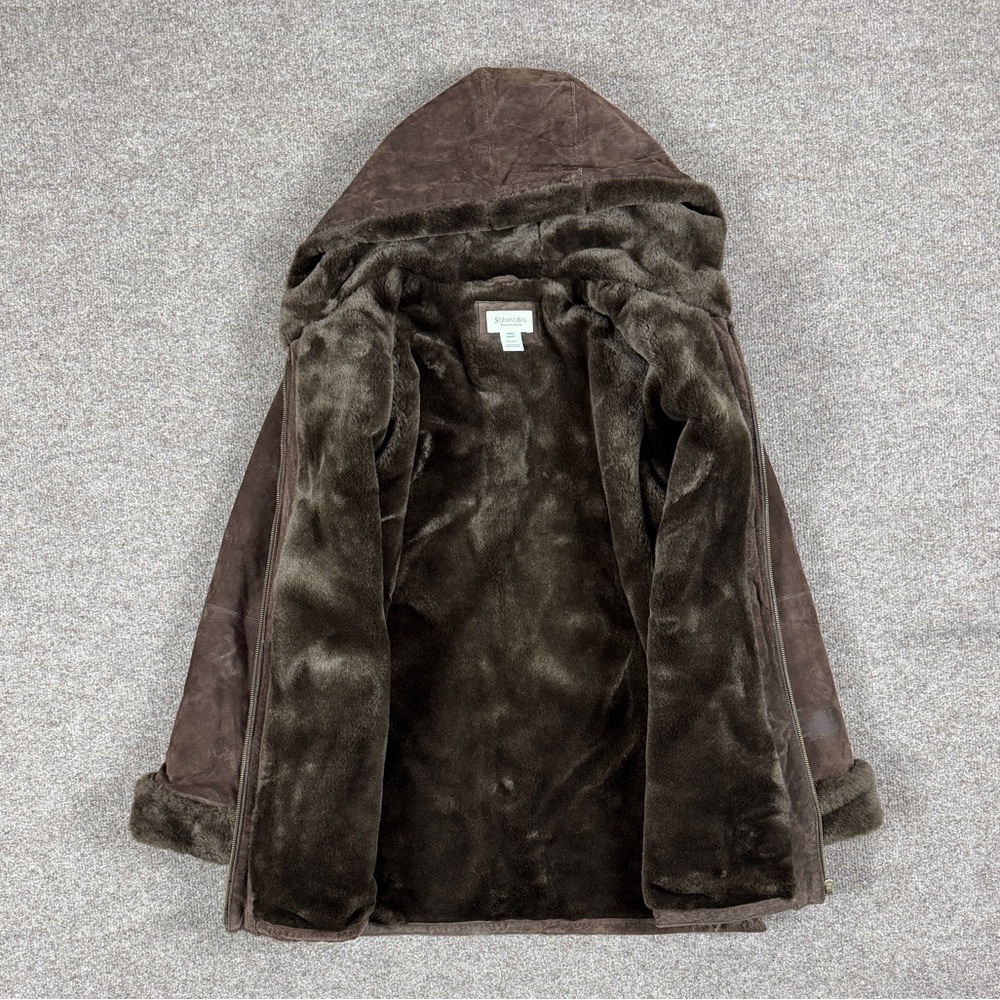St John’s Bay Brown Washable Suede Leather Zip Jacket Women’s L Hooded Fur Lined - Picture 3 of 8